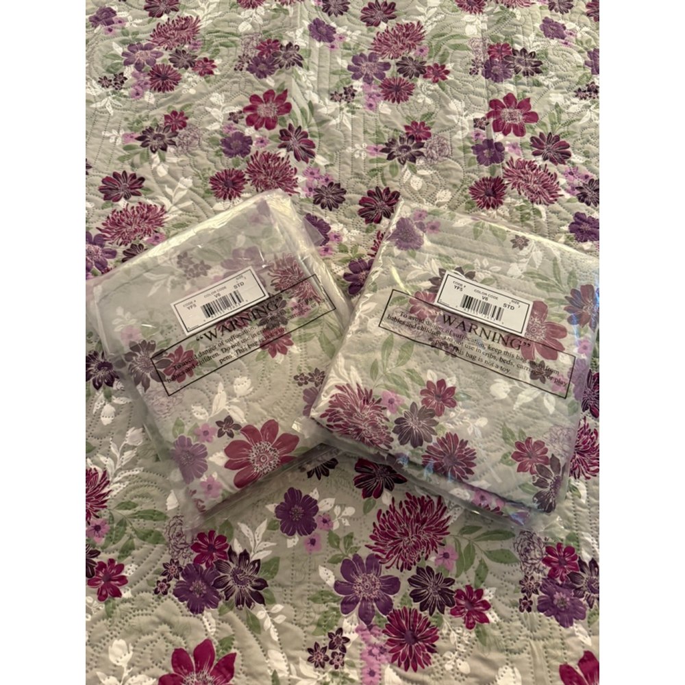 Floral Quilt Bedspread Set 3 Pc Full Queen Purple Green Quilted Coverlet w Shams - Picture 3 of 8